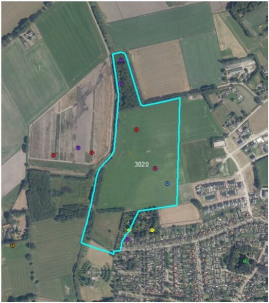 Monument 3020 op de luchtfoto uit 2017 met overzicht van archeologische vindplaatsen.