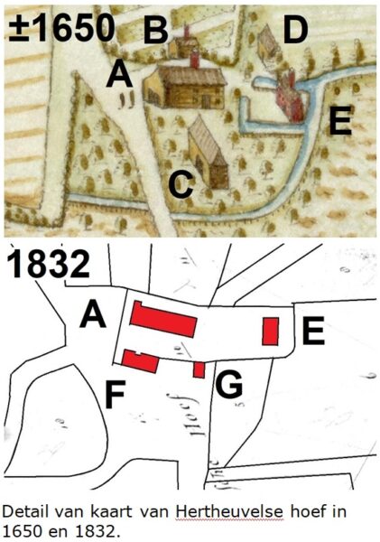 Hertheuvelsehoef 6. Detail van kaart van Hertheuvelse hoef in 1650 en 1832.